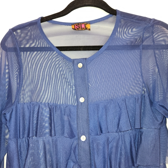 Isle By Melis Kozan Cha Cha Ruffle Mesh Long Sleeve Sheer Navy Blue Top Size S - Picture 4 of 10